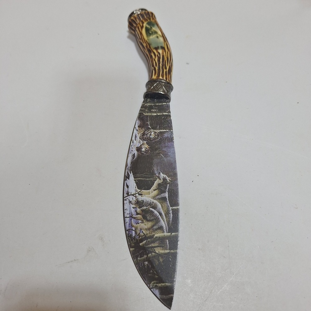 Decorative Wolf Knife Faux Antler Handle Wildlife Collectible Display Blade 12"